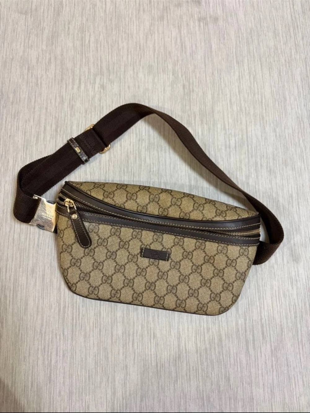 Gucci Beige Monogram Waist Bag - Brown Trim